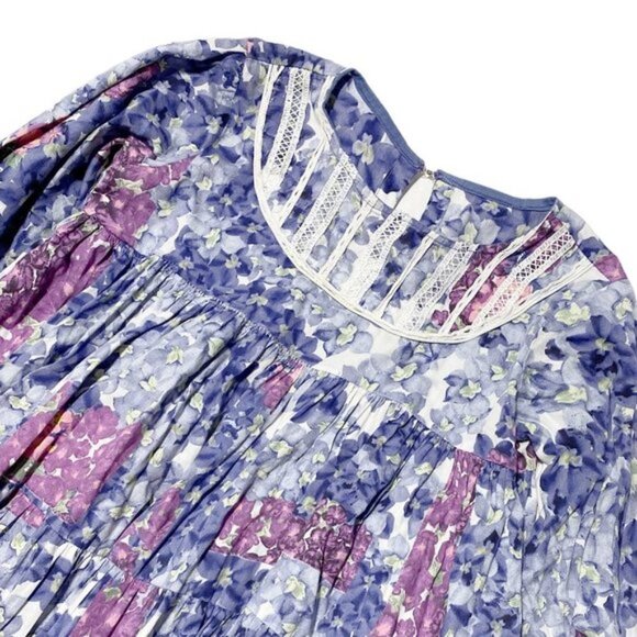 Vintage Purple Floral Bib Front Wide Tiered Long Sleeve Dress - Picture 2 of 4